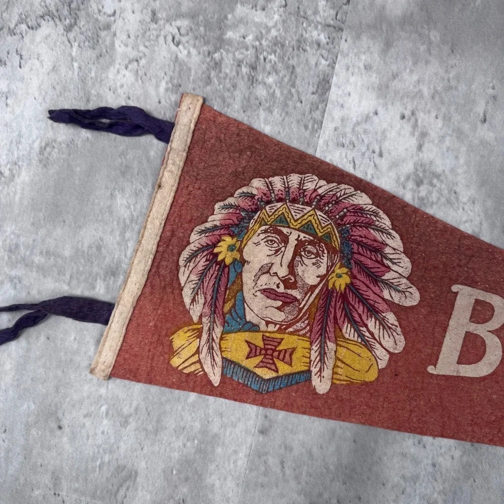 Vintage Burlington Vermont Native American Chief Graphic Pennant Flag 1930s